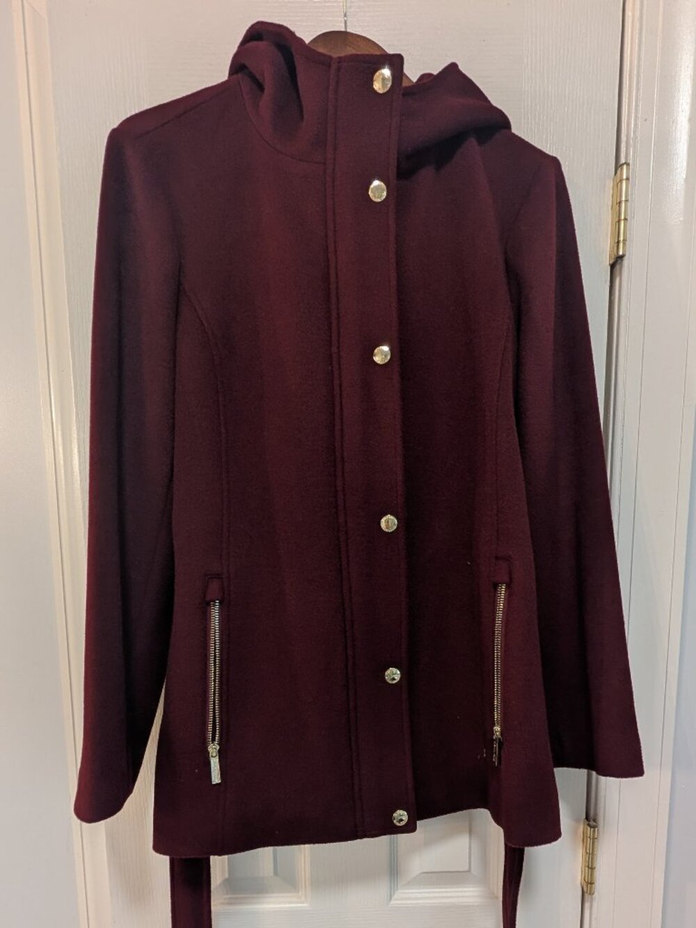 Michael Kors Burgundy Hooded Belted Wool Blend Coat Size L